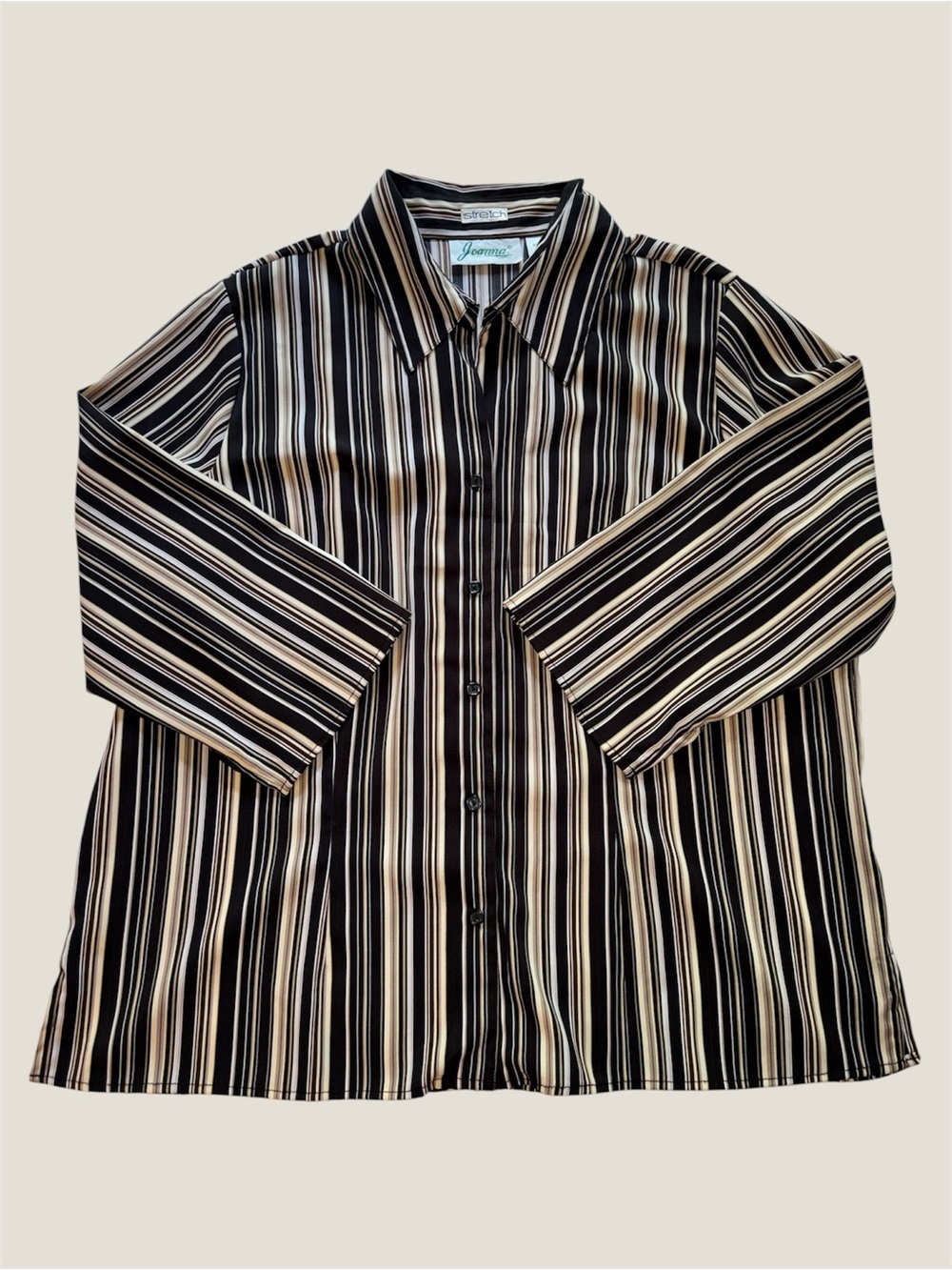 Joanna Black and Tan Vertical Striped Button Down Collared Shirt w Black Buttons